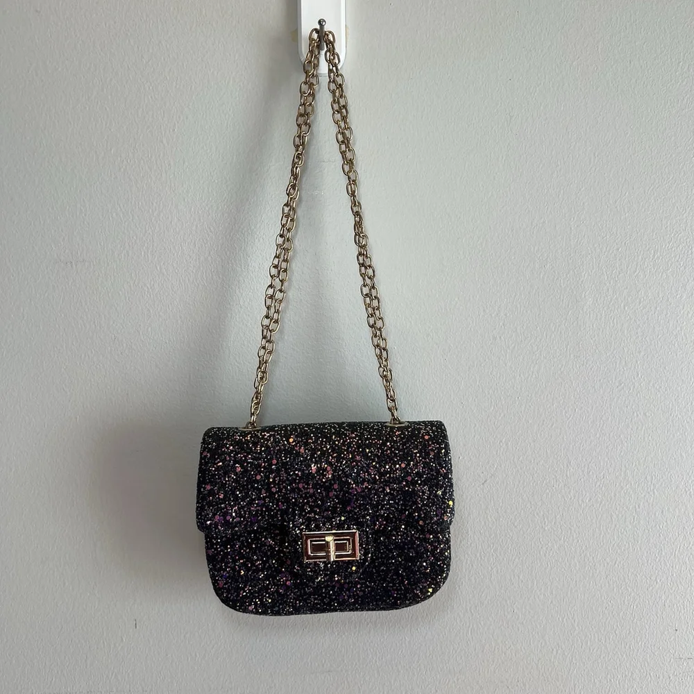 Midnight Glitter Micro Crossbody Purse Metal Chain Glitzy Festival Glam